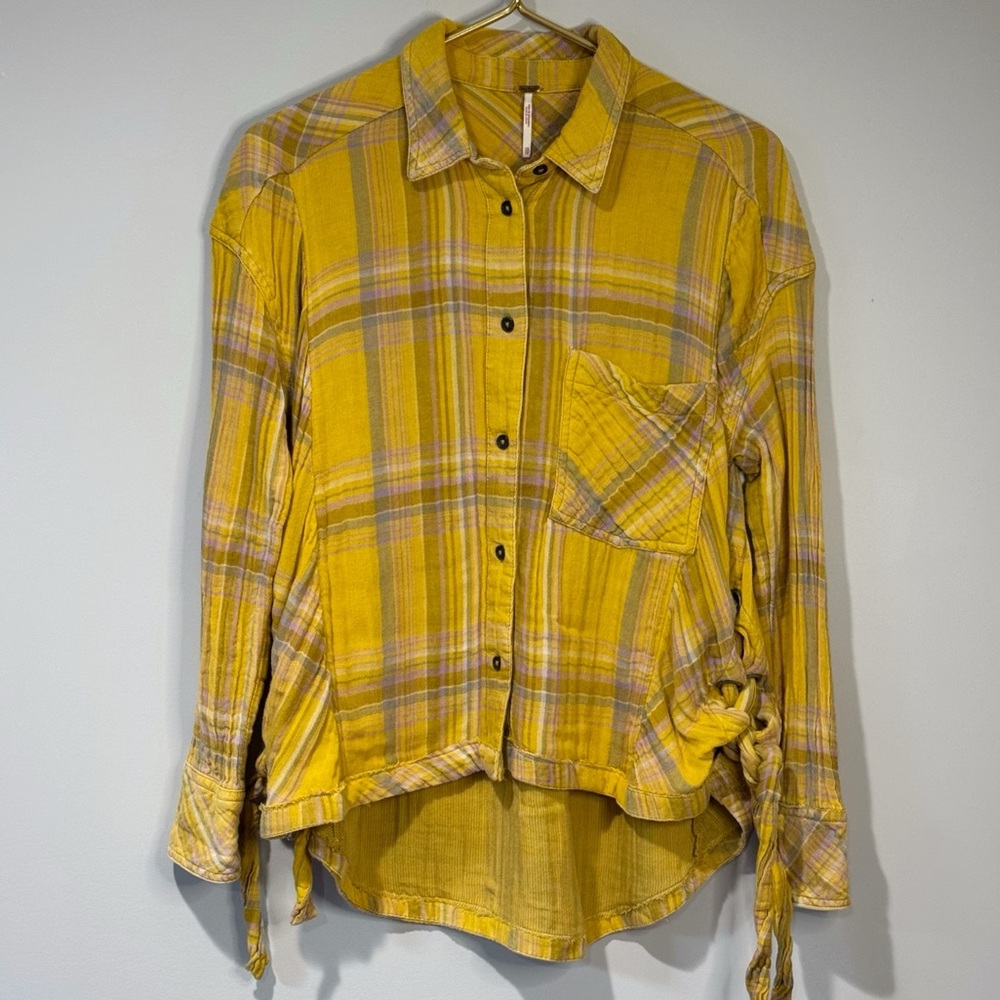 Free People Yellow Plaid Button Up Long Shirt Side Ties Boho Oversized Grunge XS
